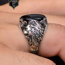 Aslan Figürlü Oniks Taşlı 925 Ayar Gümüş Erkek Yüzüğü