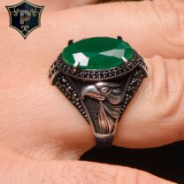 Yeşil Zirkon Taşlı Kartal Figürlü 925 Ayar Gümüş Erkek Yüzüğü